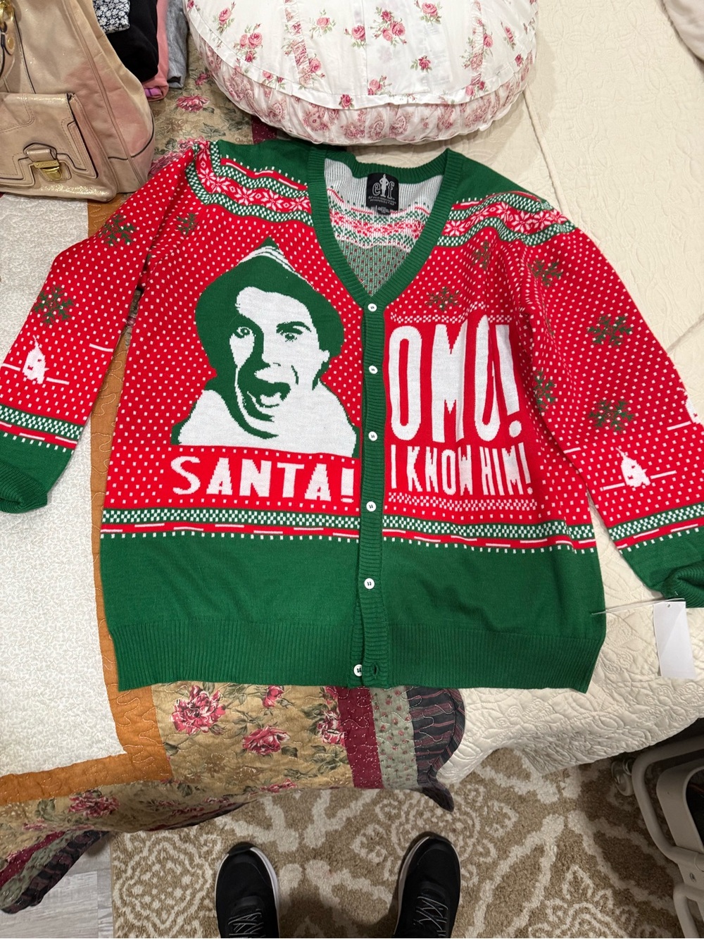 Holiday Graphic Cardigan Sweater - Green/Red Christmas Design